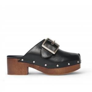 Freda Salvador Black Leather Buckle Clog with Wood Heel